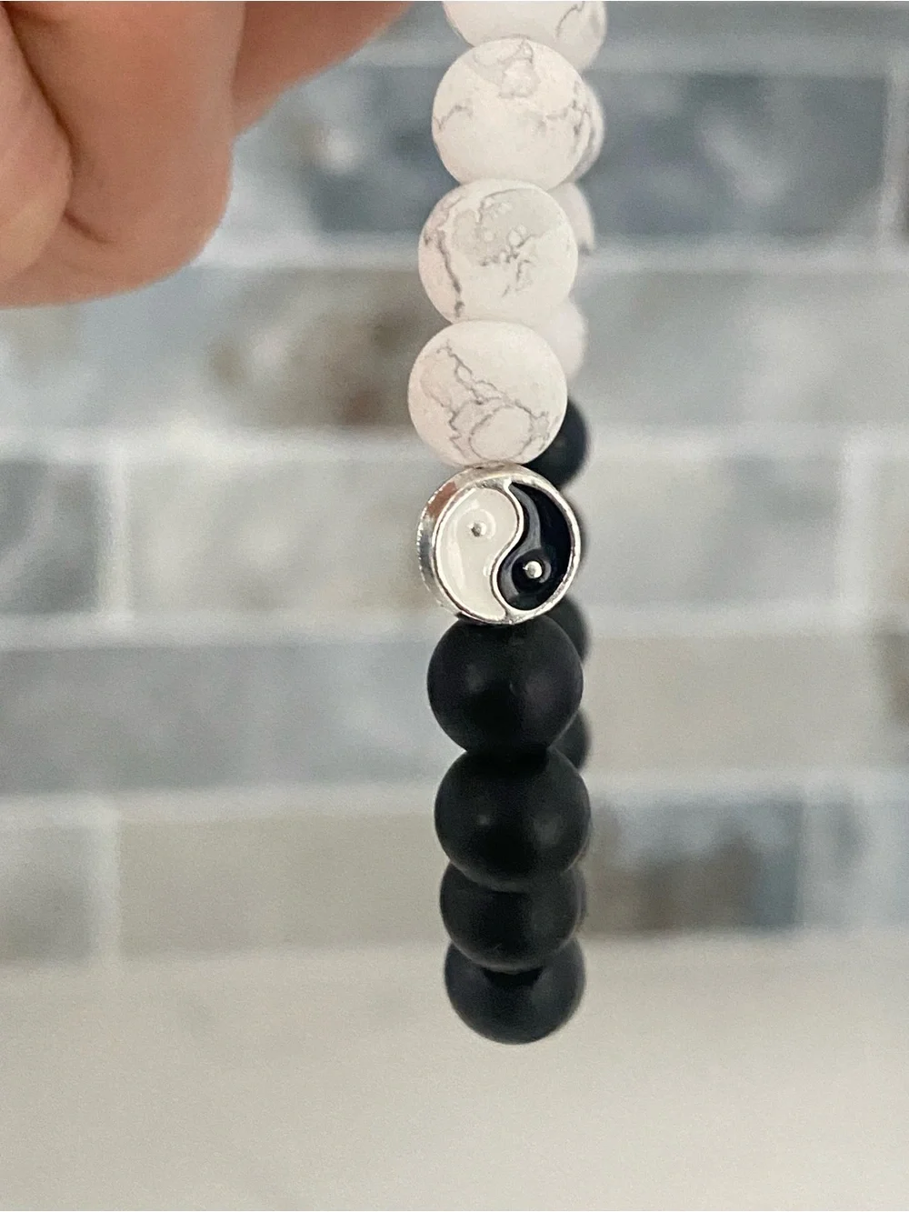 Yin Yang Beaded Stretch Bracelet Set - Black and White